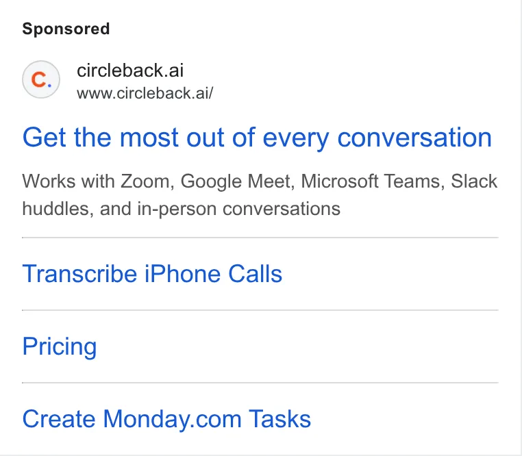 An ad Circleback is running