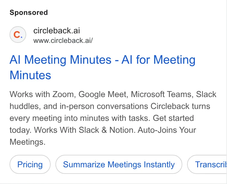 An ad Circleback is running