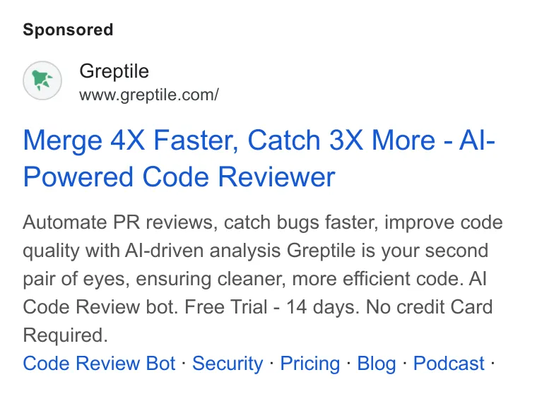 An ad Greptile is running
