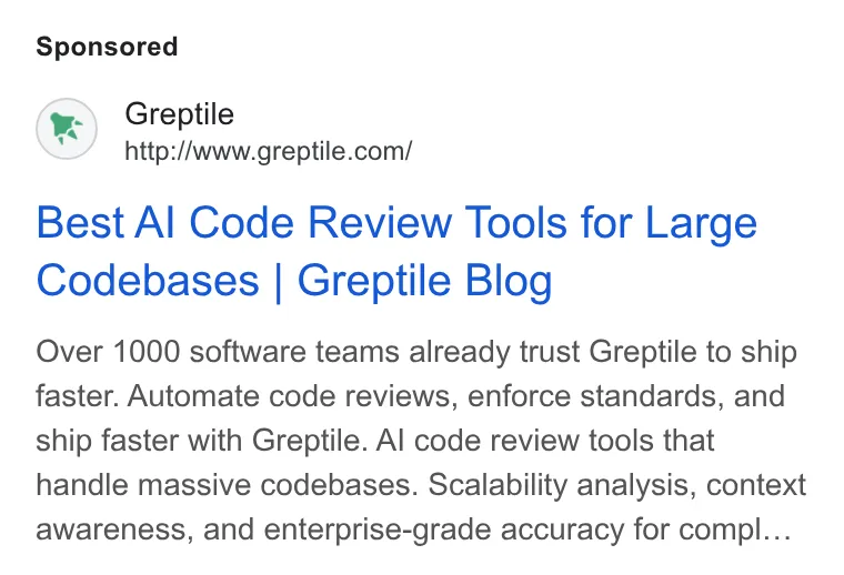 An ad Greptile is running