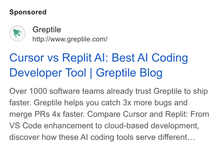 An ad Greptile is running