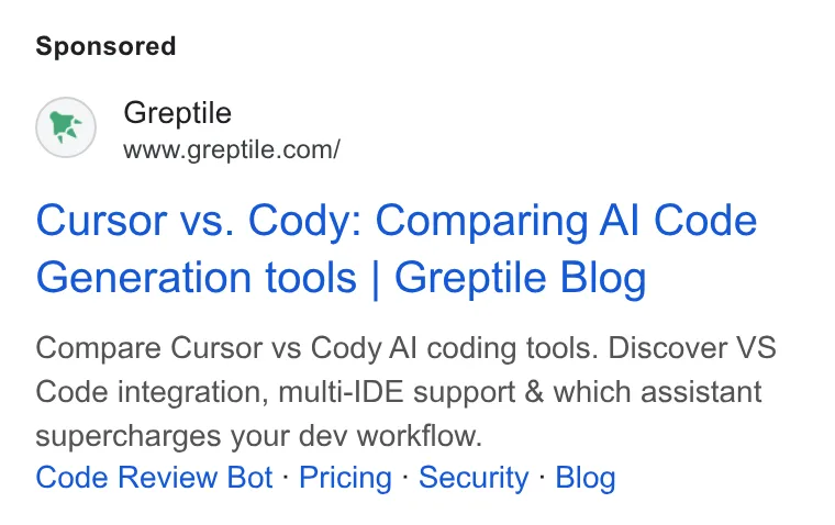 An ad Greptile is running