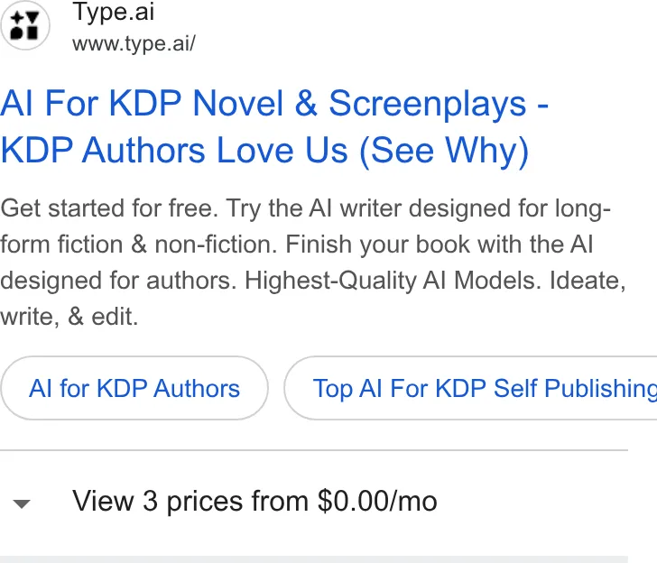 An ad Type.ai: Free AI book writer and editor is running