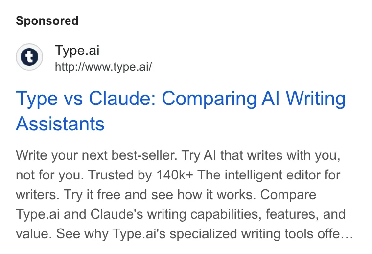 An ad Type.ai: Free AI book writer and editor is running