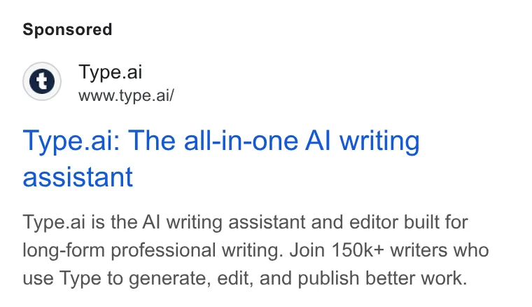 An ad Type.ai: Free AI book writer and editor is running