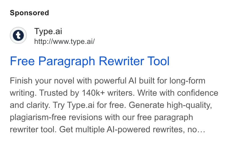 An ad Type.ai: Free AI book writer and editor is running