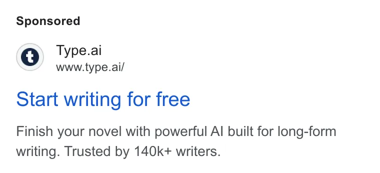 An ad Type.ai: Free AI book writer and editor is running