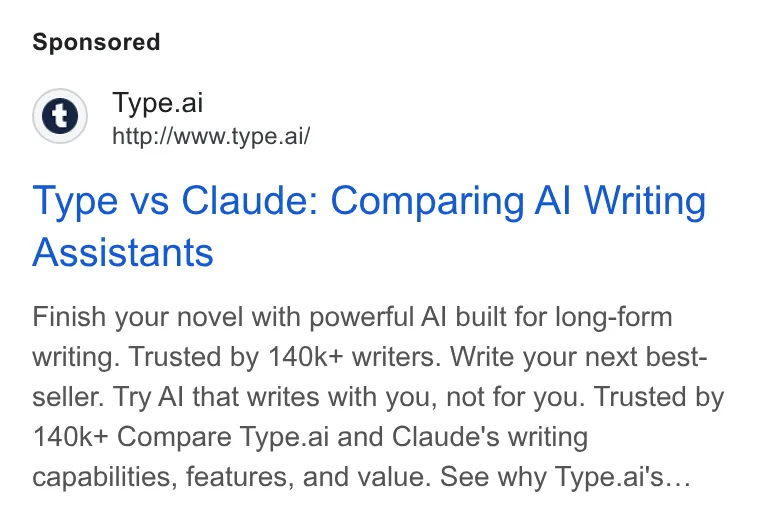 An ad Type.ai: Free AI book writer and editor is running