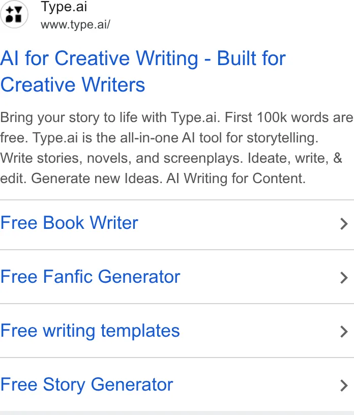 An ad Type.ai: Free AI book writer and editor is running