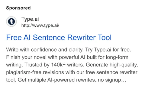 An ad Type.ai: Free AI book writer and editor is running