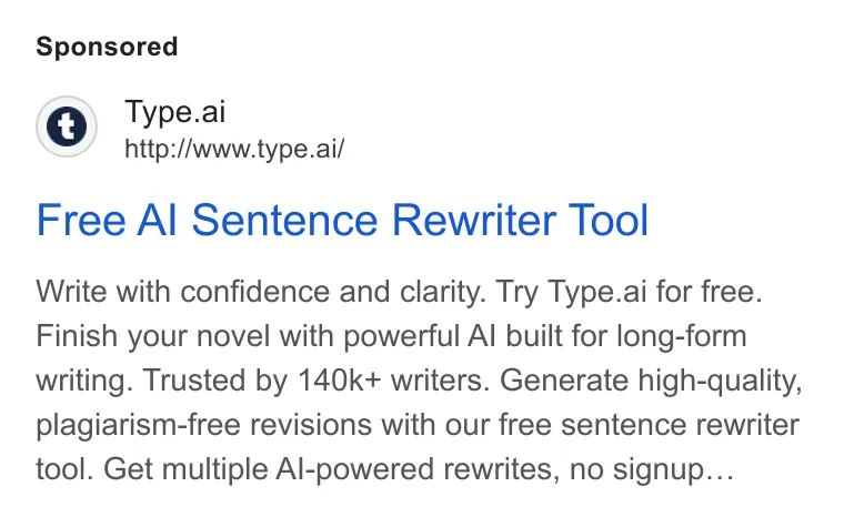 An ad Type.ai: Free AI book writer and editor is running