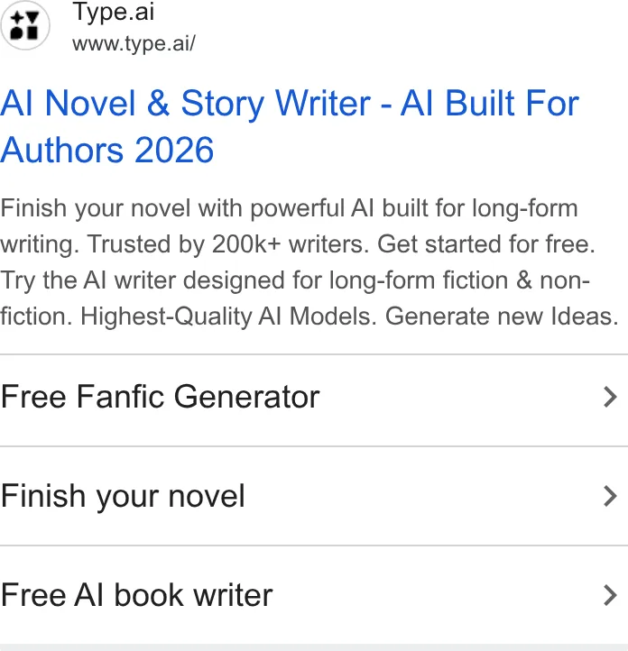 An ad Type.ai: Free AI book writer and editor is running