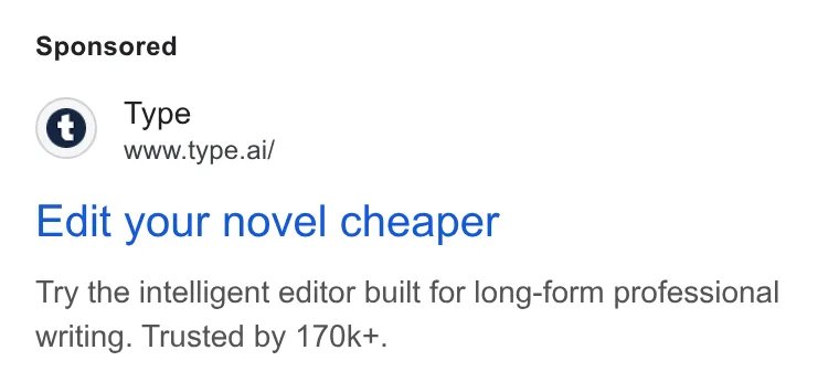 An ad Type.ai: Free AI book writer and editor is running