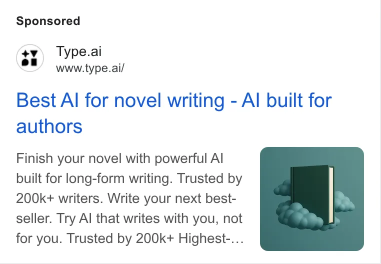 An ad Type.ai: Free AI book writer and editor is running