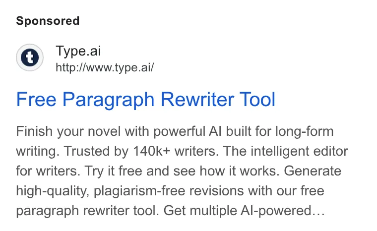 An ad Type.ai: Free AI book writer and editor is running