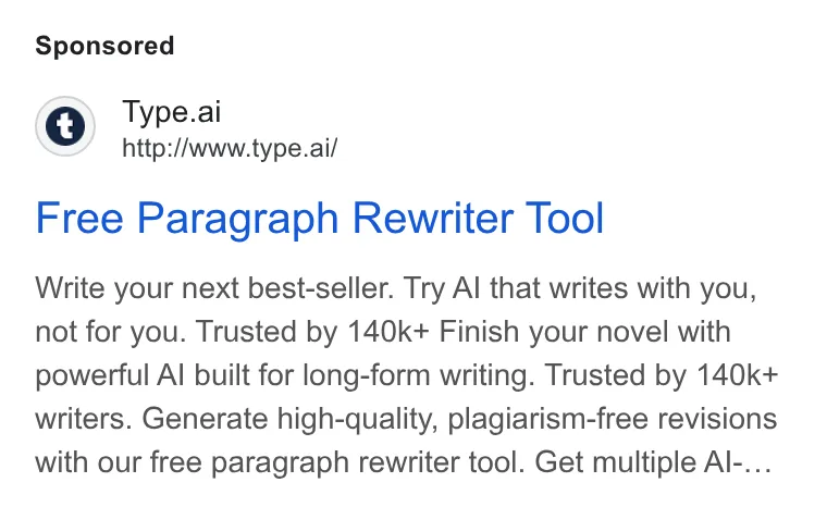 An ad Type.ai: Free AI book writer and editor is running