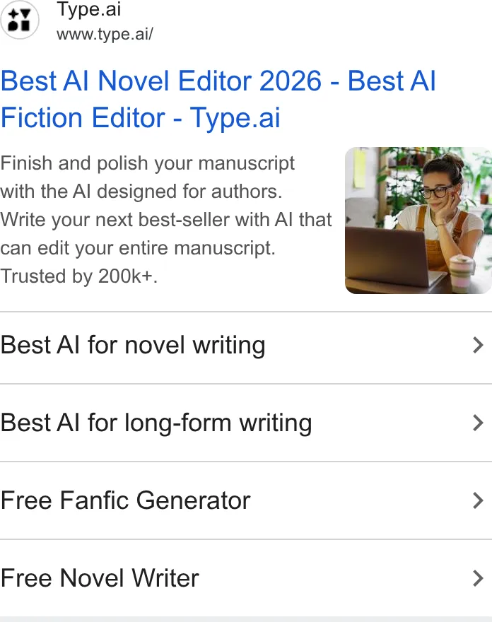 An ad Type.ai: Free AI book writer and editor is running