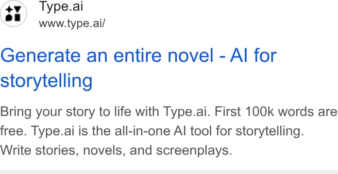 An ad Type.ai: Free AI book writer and editor is running