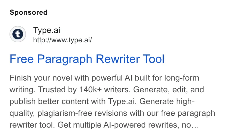 An ad Type.ai: Free AI book writer and editor is running