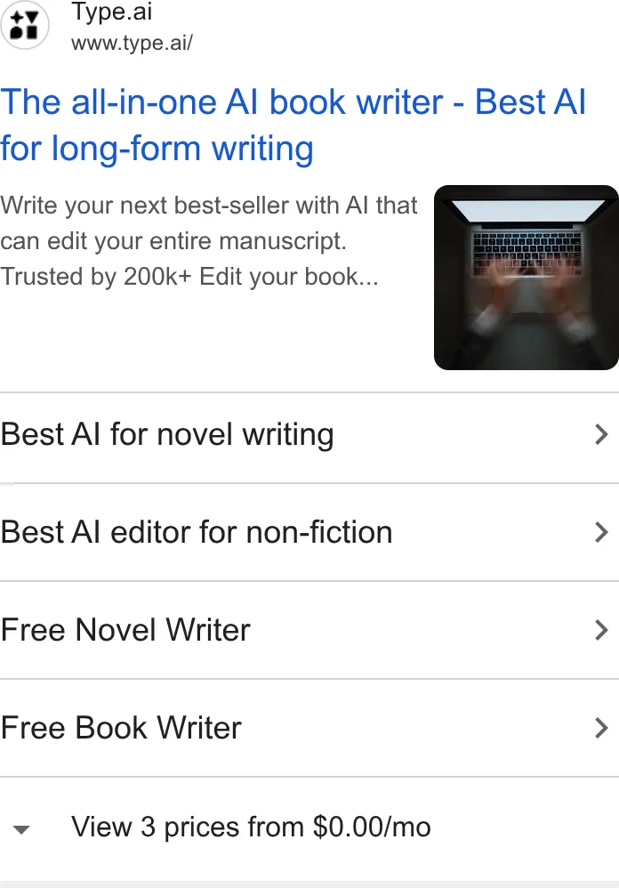 An ad Type.ai: Free AI book writer and editor is running