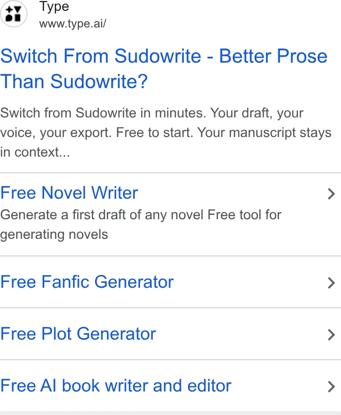 An ad Type.ai: Free AI book writer and editor is running