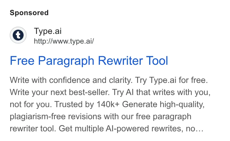 An ad Type.ai: Free AI book writer and editor is running