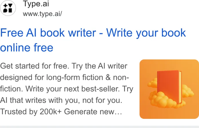 An ad Type.ai: Free AI book writer and editor is running