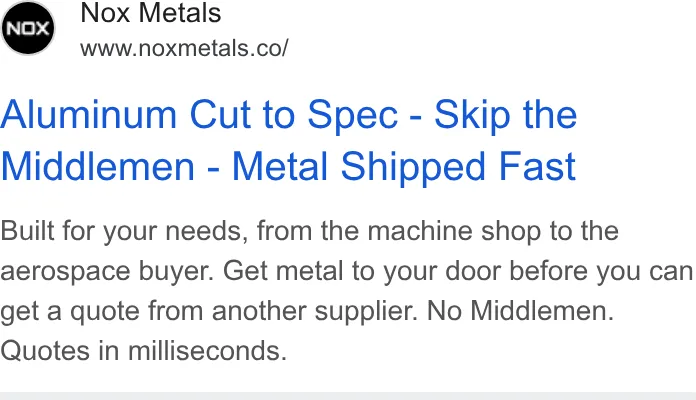 An ad NOX METALS is running