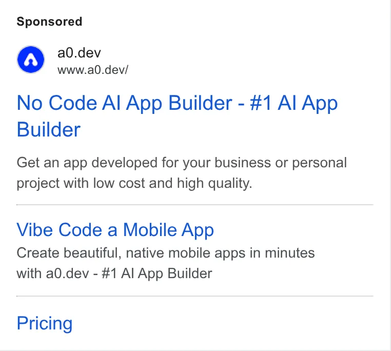 An ad a0.dev is running