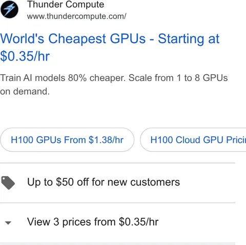 An ad Thunder Compute is running