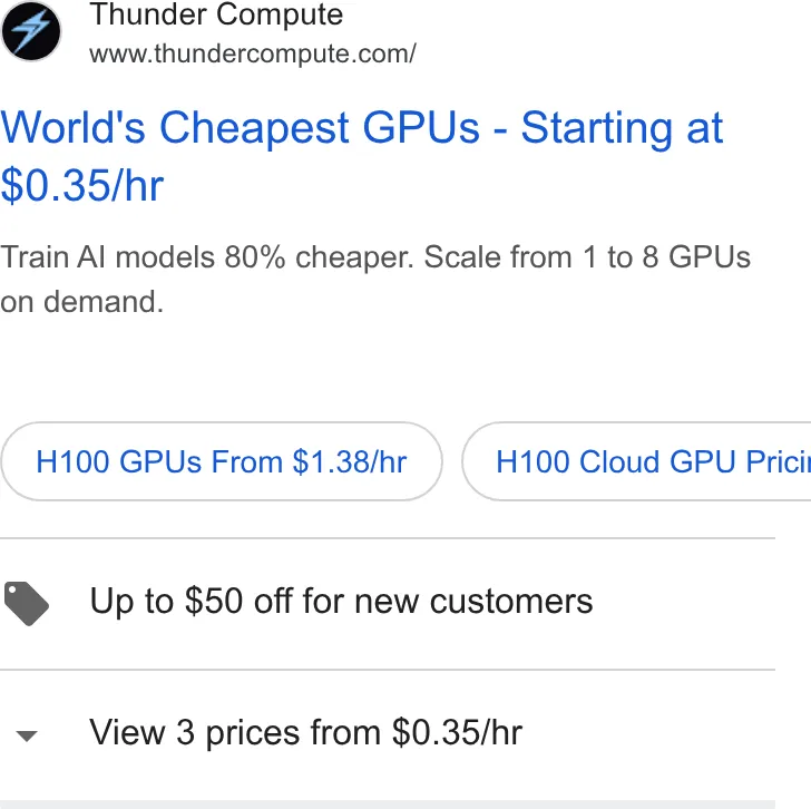 An ad Thunder Compute is running