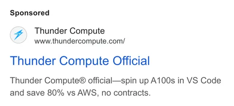 An ad Thunder Compute is running