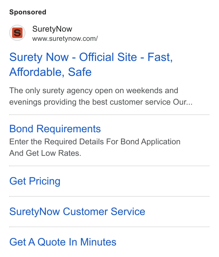An ad SuretyNow is running