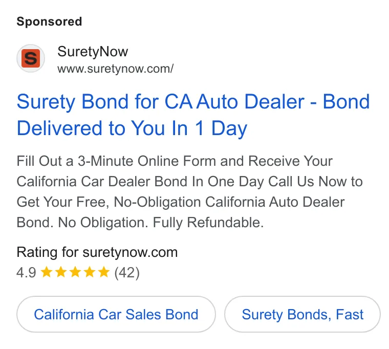 An ad SuretyNow is running
