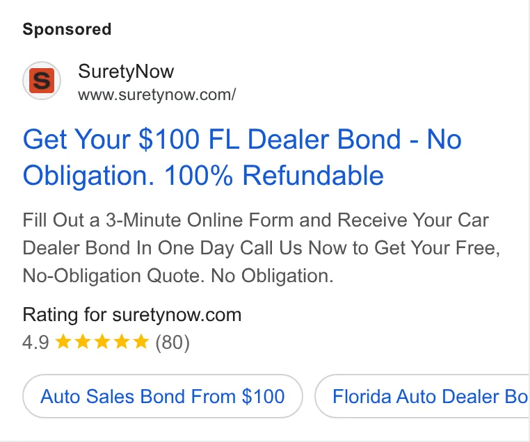 An ad SuretyNow is running