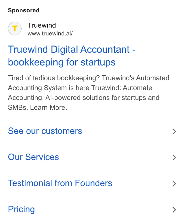 An ad Truewind is running