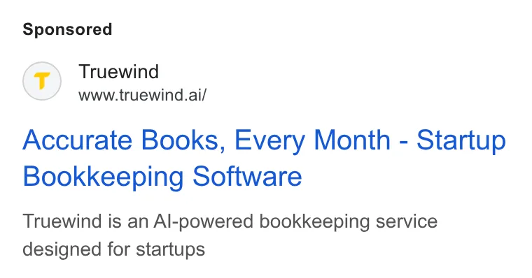 An ad Truewind is running