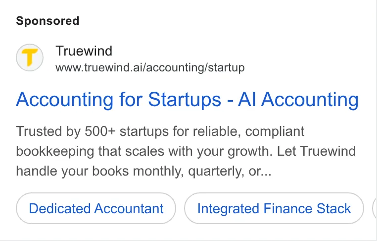 An ad Truewind is running
