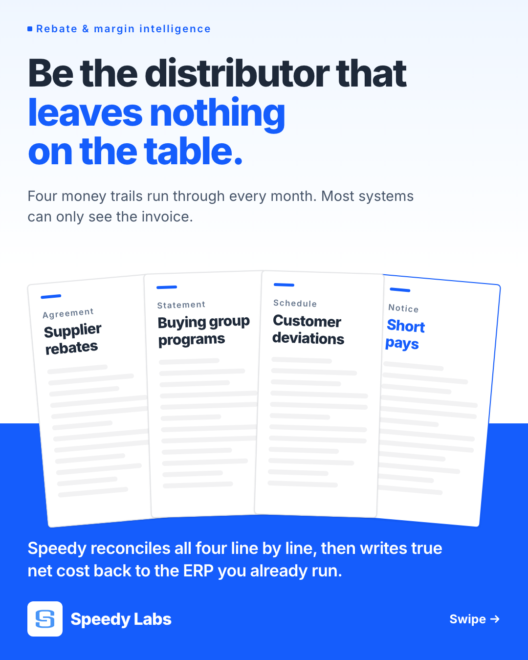 Carousel cover: the four money trails as four fanned documents, headline split ink to blue.